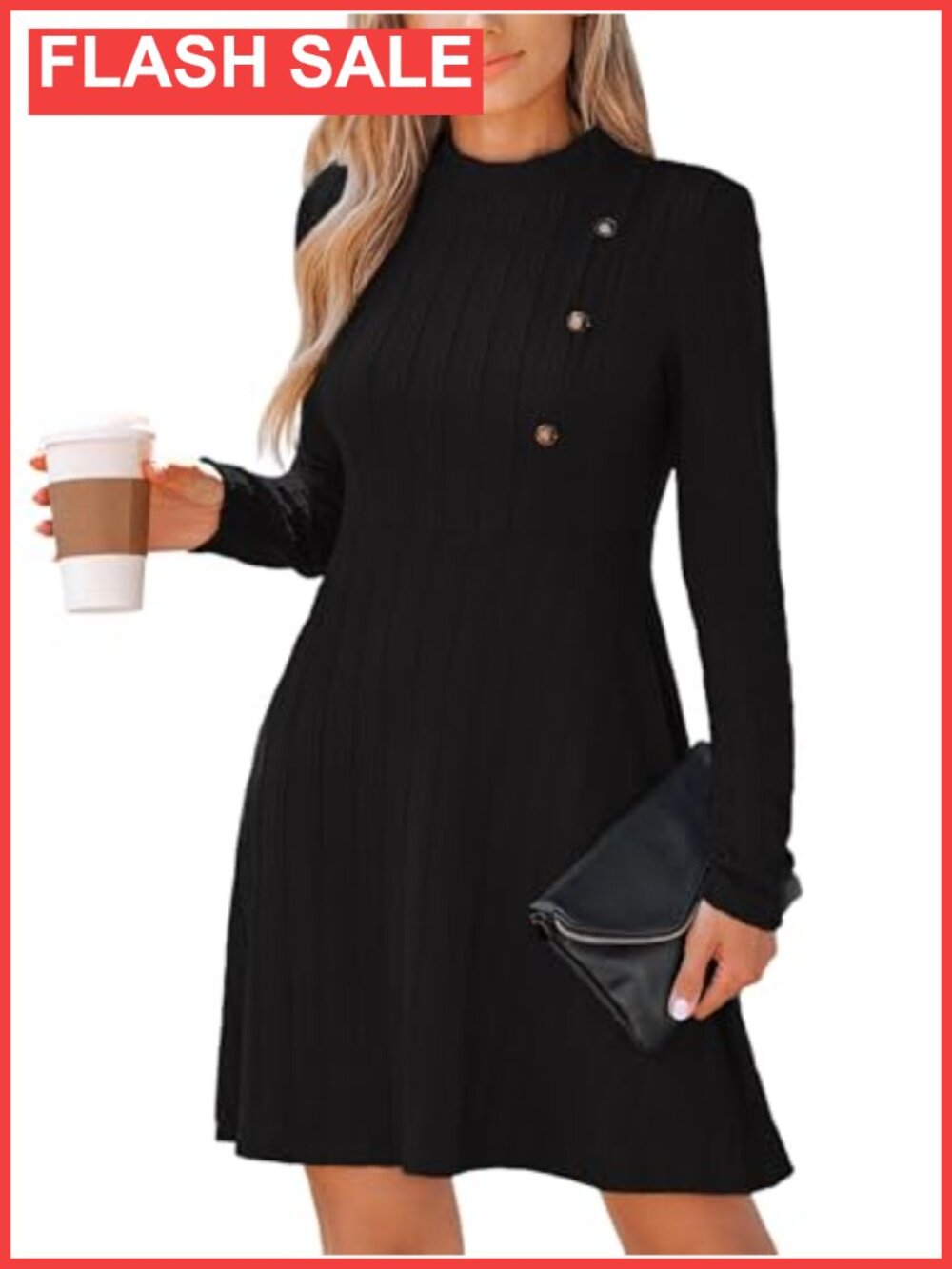 Textured Knit Mini Dress Long Sleeve Button A-Line Casual Fall